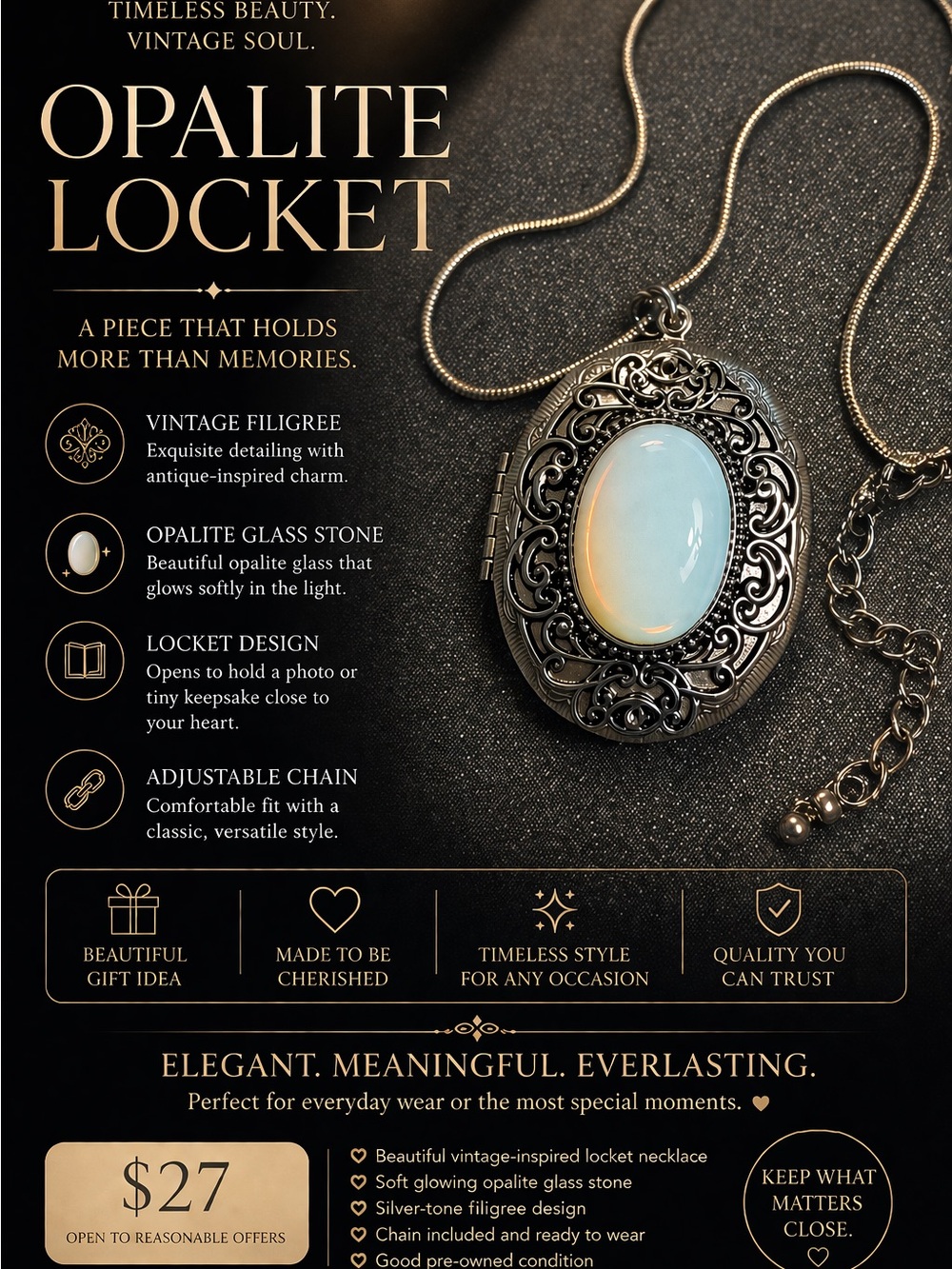 Opalescent Oval Locket Necklace in Silver Tone - Elegant White/Blue Opal